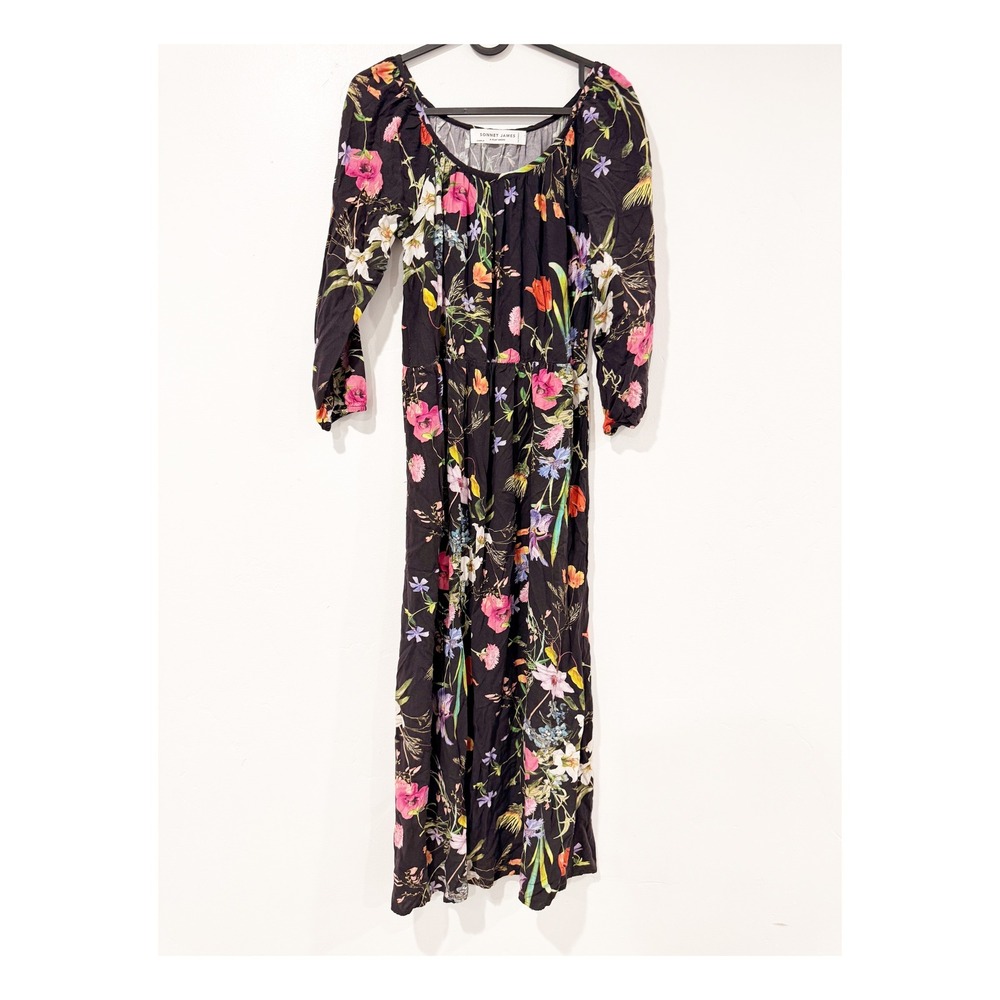 Sonnet James A Play Dress Black Floral Scoop Neck Elastic Waist Midi Dress L